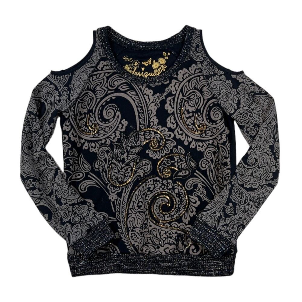 Desigual Cold Shoulder Beaded Floral Knit Black Brown Sweater | Size XL